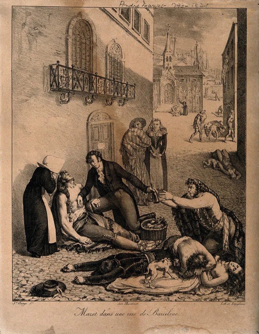 El metge André Mazet atén diversos malalts de febre groga el 1821 / Wellcome Trust